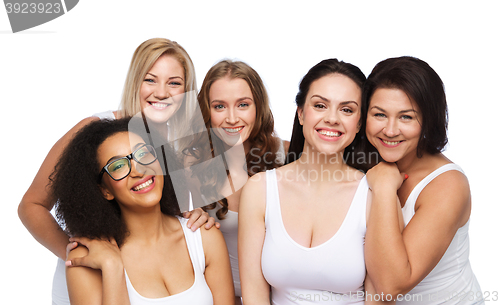 Image of group of happy different women in white underwear