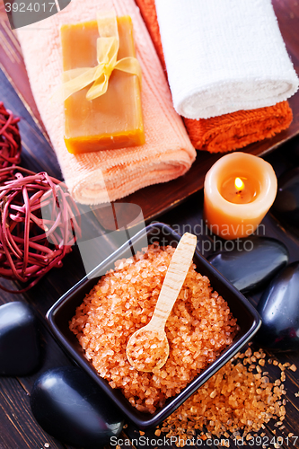 Image of sea salt, soap and towels