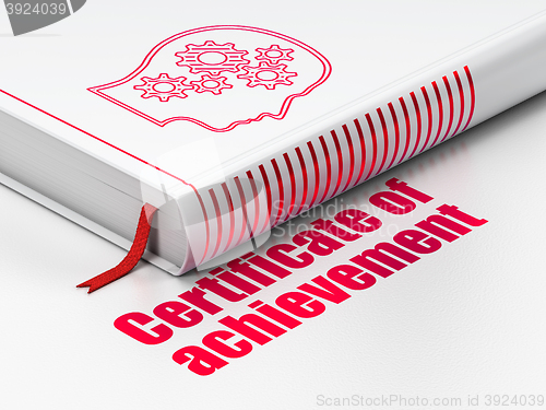 Image of Learning concept: book Head With Gears, Certificate of Achievement on white background