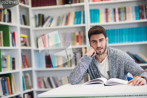 Image of portrait of student while reading book  in school library