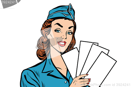 Image of Girl retro stewardess with white forms brochure ticket