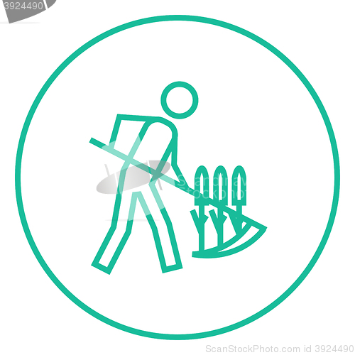 Image of Man mowing grass with scythe line icon.