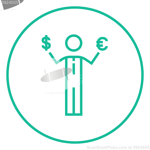 Image of Businessman holding Euro and US dollar line icon.