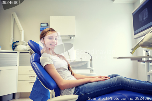 Image of happy patient girl at dental clinic office