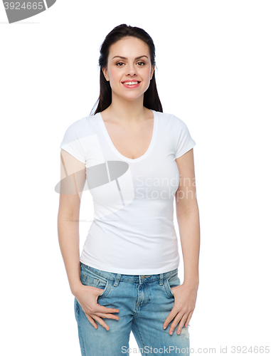 Image of happy young woman or teenage girl in white t-shirt