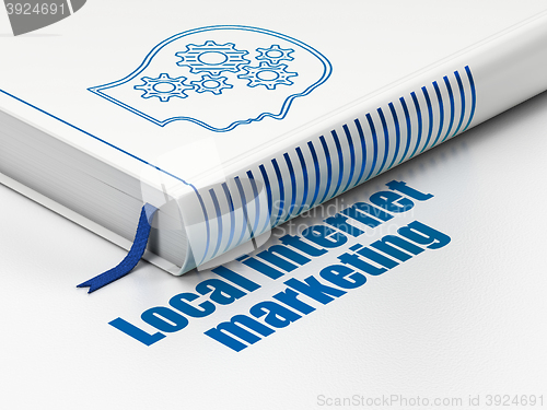 Image of Advertising concept: book Head With Gears, Local Internet Marketing on white background