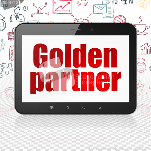 Image of Finance concept: Tablet Computer with Golden Partner on display