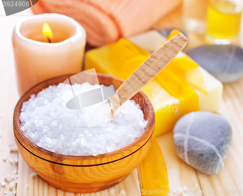 Image of sea salt, soap and towels