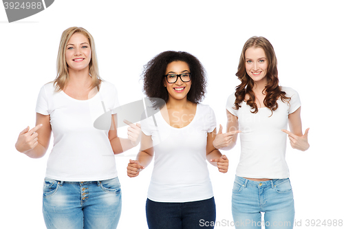 Image of group of happy different women in white t-shirts