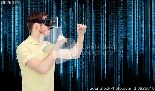 Image of man in virtual reality headset or 3d glasses