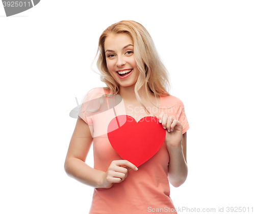 Image of happy woman or teen girl with red heart shape