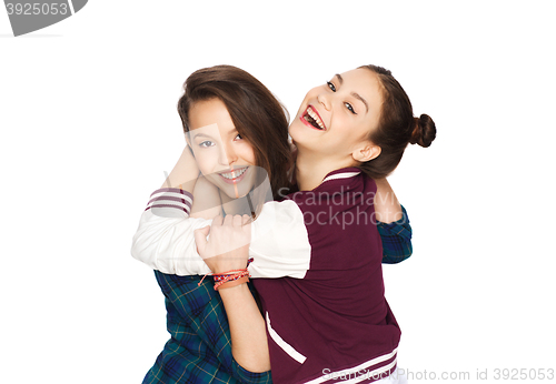 Image of happy smiling pretty teenage girls hugging