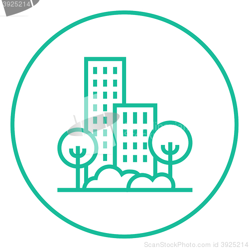 Image of Residential building with trees line icon.