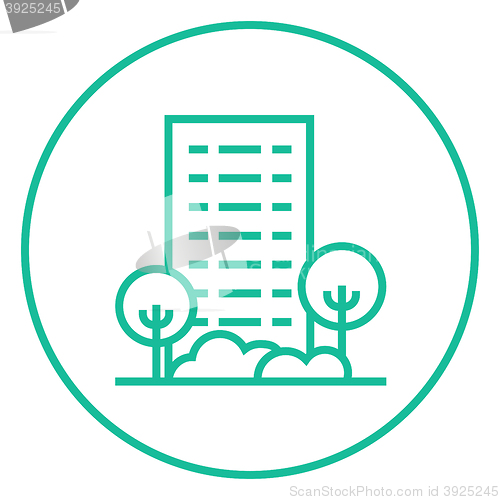 Image of Residential building with trees line icon.