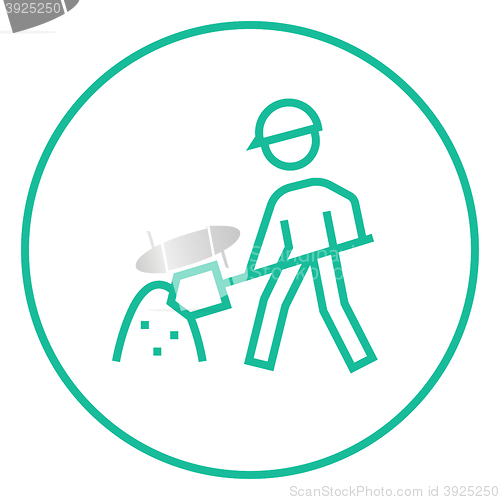 Image of Man with shovel and hill of sand line icon.