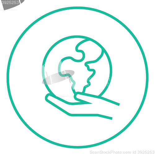 Image of Hand holding the Earth line icon.