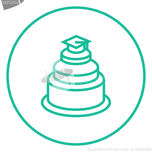 Image of Graduation cap on top of cake line icon.