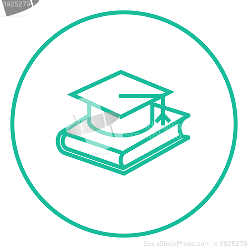 Image of Graduation cap laying on book line icon.