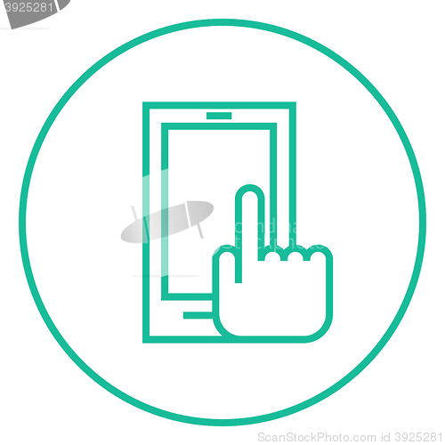 Image of Finger pointing at smart phone line icon.