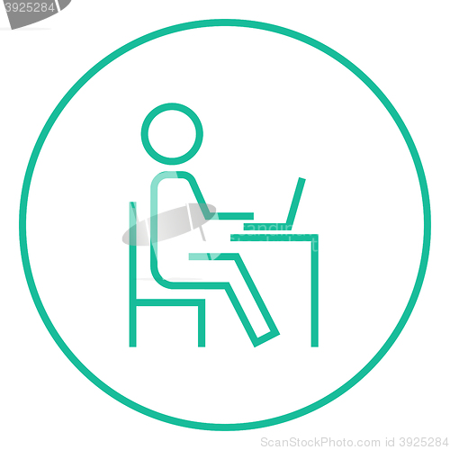 Image of Student sitting on chair in front of laptop line icon.