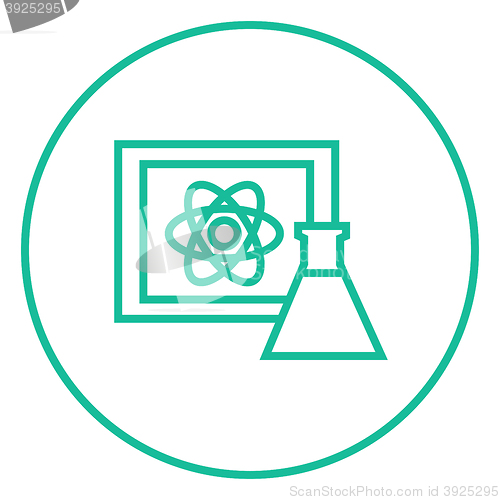 Image of Atom sign drawn on board and flask line icon.