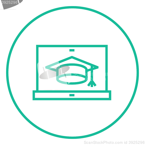 Image of Laptop with graduation cap on screen line icon.