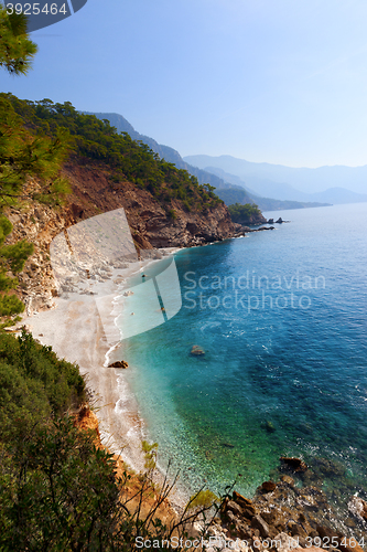 Image of Top view on sea beach at sun day