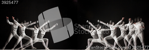 Image of Duel fencers on a black background. collage of photos taken with stroboscope