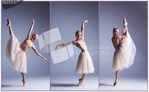 Image of The young beautiful ballerina dancing on a gray background. Collage