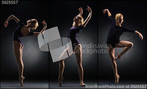 Image of The young beautiful ballerina dancing on a black background. Collage