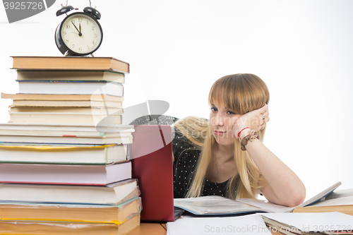 Image of Sad girl student sitting at a desk with a large stack of books and looking at the laptop