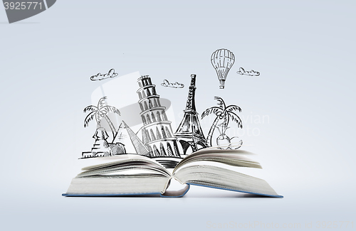 Image of open book with landmarks drawing