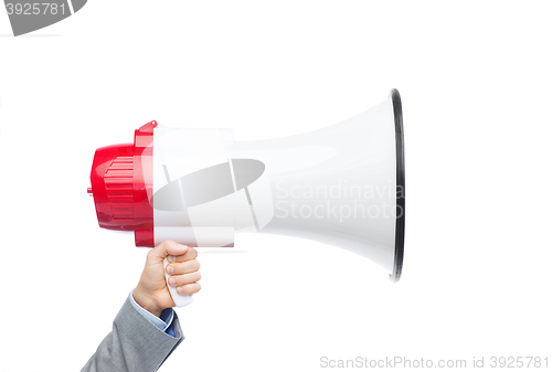 Image of businessman in suit holding megaphone