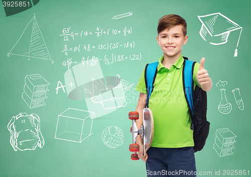 Image of boy with backpack and skateboard showing thumbs up