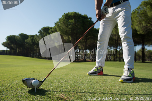 Image of golf player placing ball on tee