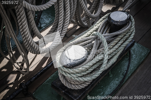 Image of The ropes braided in bays on an ancient sailing vessel