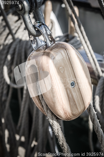 Image of Blocks and rigging at the old sailboat, close-up