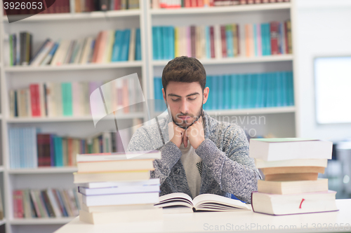 Image of portrait of student while reading book  in school library