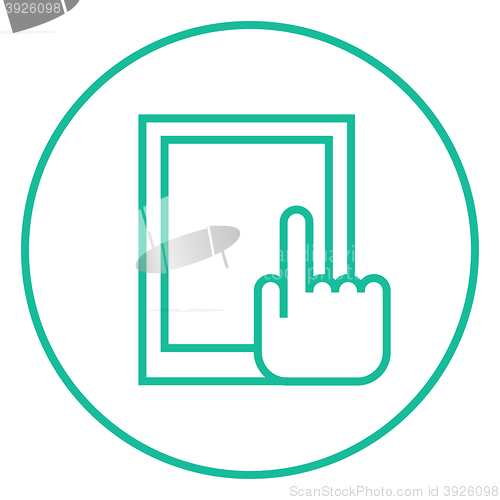 Image of Finger pointing at tablet line icon.