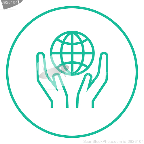 Image of Two hands holding globe line icon.