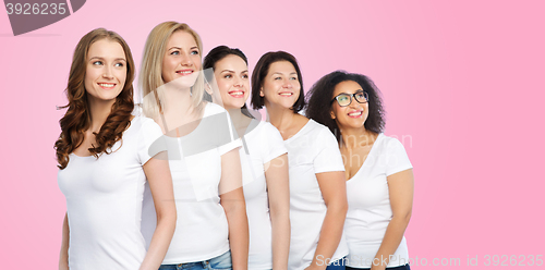 Image of group of happy different women in white t-shirts