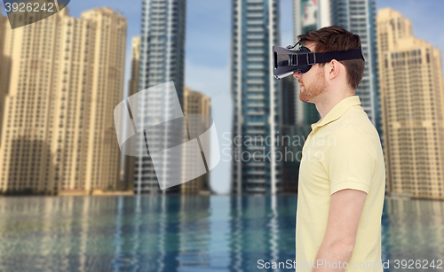 Image of man in virtual reality headset or 3d glasses