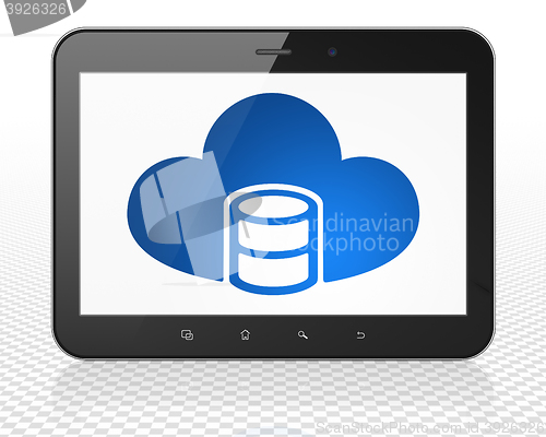Image of Software concept: Tablet Pc Computer with Database With Cloud on display