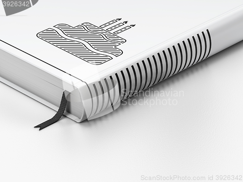 Image of Entertainment, concept: closed book, Cake on white background