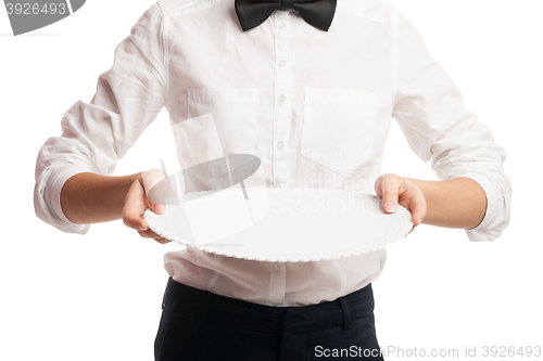 Image of Close-up of waitress holding tray