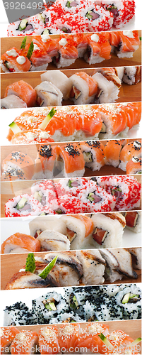 Image of Assorted delicious sushi rolls collage 