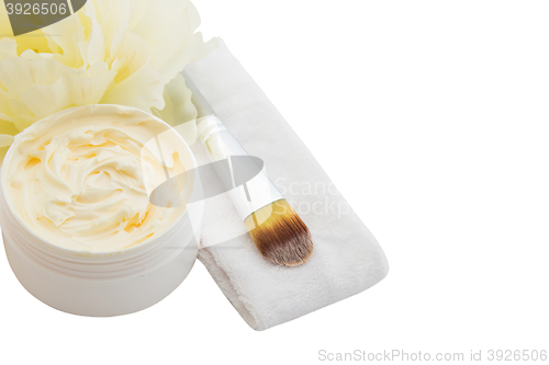 Image of Spa cosmetic cream, headband and applicator isolated on white