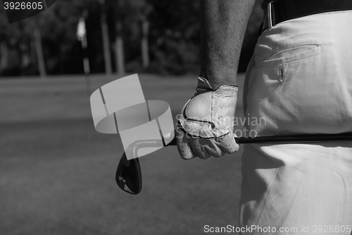 Image of golf player close up hand and driver from back