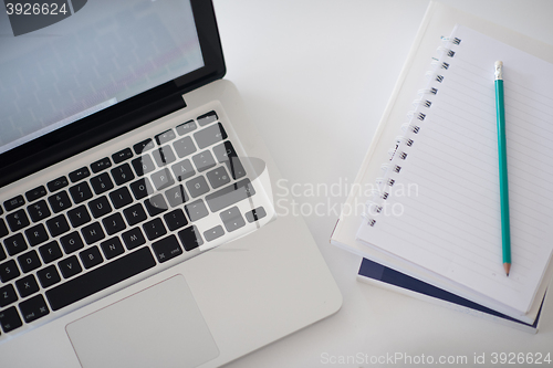 Image of flat lay of laptop and notepad