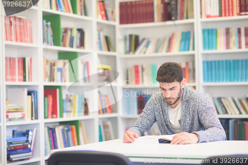 Image of portrait of student while reading book  in school library